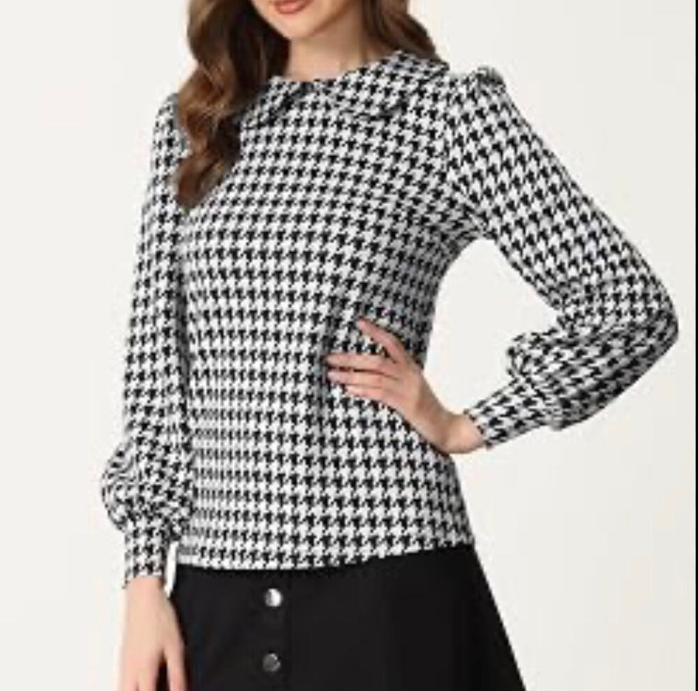 Allegra K NWT Small Peter Pan Collar Houndstooth Plaid Blouse black white